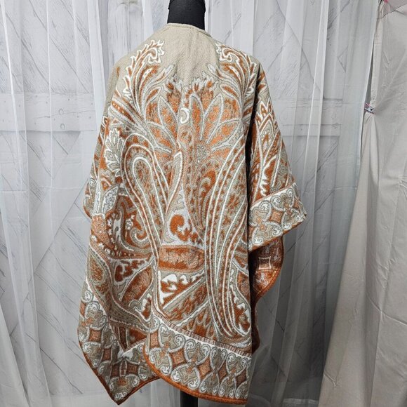 Unbranded Taupe Orange Reversible Paisley Boho Blanket Cape OSFA - Picture 5 of 14